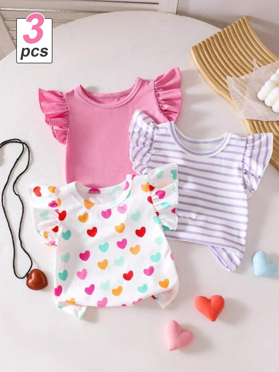 SHEIN Playful Pals Random 1 Pc Baby Girl Sweet Cute Fruit Floral Heart Pattern Printed Flutter Sleeve Top, Suitable For Summer Casual Minimalist Daily Wear - Multicolor - View 1