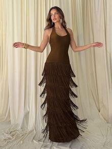 Aloruh 優雅彈性布料流蘇裝飾直筒裙，後開衩，時尚禮服，適合婚禮賓客、單身派對、正式晚宴 - 咖啡棕 - 查看 2