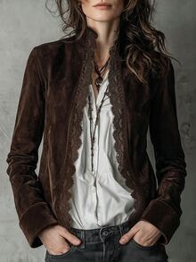 Breezaya Women's Autumn/Winter Vintage Lace Patchwork Long Sleeve Jacket - Brown - View 1