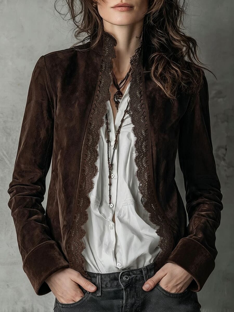 Breezaya Women's Autumn/Winter Vintage Lace Patchwork Long Sleeve Jacket - Brown - View 1