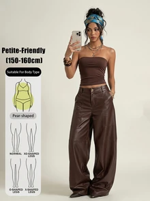 SHEIN PETITE Women's Solid Color PU Leather Wide Leg Loose Elegant Trousers - Brown - View 3