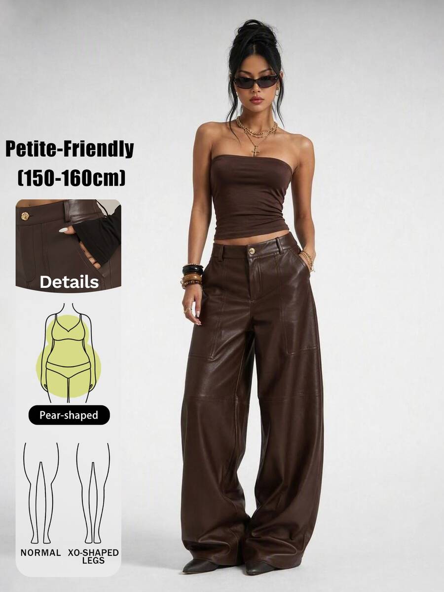 SHEIN PETITE Women's Solid Color PU Leather Wide Leg Loose Elegant Trousers - Brown - View 1