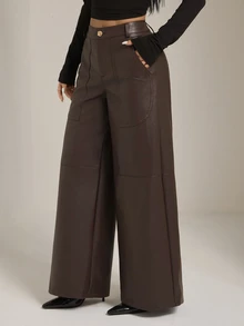SHEIN PETITE Women's Solid Color PU Leather Wide Leg Loose Elegant Trousers - Brown - View 10