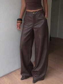 SHEIN PETITE Women's Solid Color PU Leather Wide Leg Loose Elegant Trousers - Brown - View 6