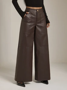 SHEIN PETITE Women's Solid Color PU Leather Wide Leg Loose Elegant Trousers - Brown - View 4