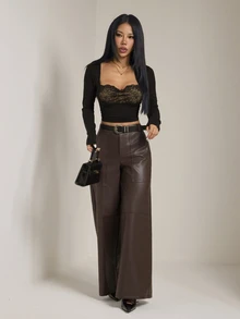 SHEIN PETITE Women's Solid Color PU Leather Wide Leg Loose Elegant Trousers - Brown - View 5