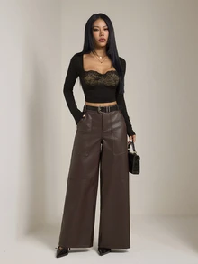 SHEIN PETITE Women's Solid Color PU Leather Wide Leg Loose Elegant Trousers - Brown - View 7
