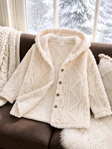 Young Girls Jacquard Solid Plush Hooded Jacket Front Button Thick Warm Outerwear Fleece Coat For Autumn Winter - Apricot - View 9
