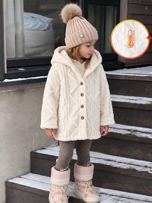Young Girls Jacquard Solid Plush Hooded Jacket Front Button Thick Warm Outerwear Fleece Coat For Autumn Winter - Apricot - View 4