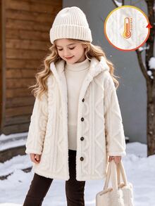 Young Girls Jacquard Solid Plush Hooded Jacket Front Button Thick Warm Outerwear Fleece Coat For Autumn Winter - Apricot - View 3