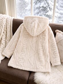 Young Girls Jacquard Solid Plush Hooded Jacket Front Button Thick Warm Outerwear Fleece Coat For Autumn Winter - Apricot - View 2
