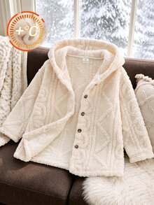 Young Girls Jacquard Solid Plush Hooded Jacket Front Button Thick Warm Outerwear Fleece Coat For Autumn Winter - Apricot - View 1