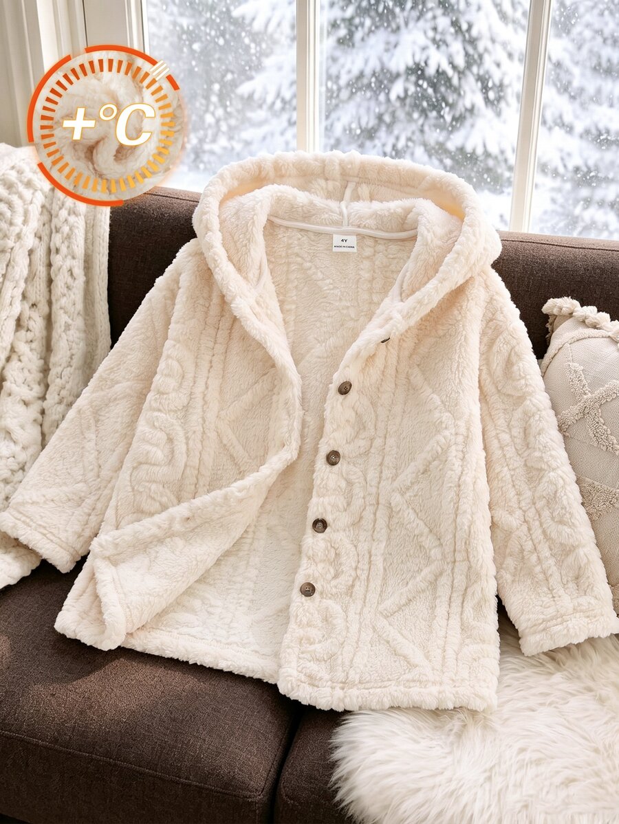 Young Girls Jacquard Solid Plush Hooded Jacket Front Button Thick Warm Outerwear Fleece Coat For Autumn Winter - Apricot - View 1