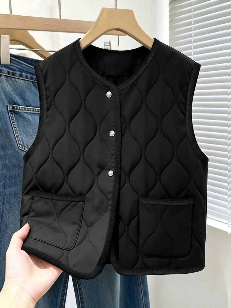 GlowEve CURVE Plus Size Women's Autumn And Winter Thick Four Button Double Pocket Black Sleeveless Vest Jacket Down Jacket Daily Casual Commuting Shopping - Black - View 4