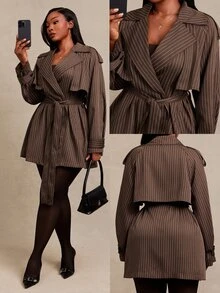 SHEIN SXY جاكيت ملابس الشارع مقاس كبير مخطط مع جيب وأكمام طويلة - بني - مشاهدة 1