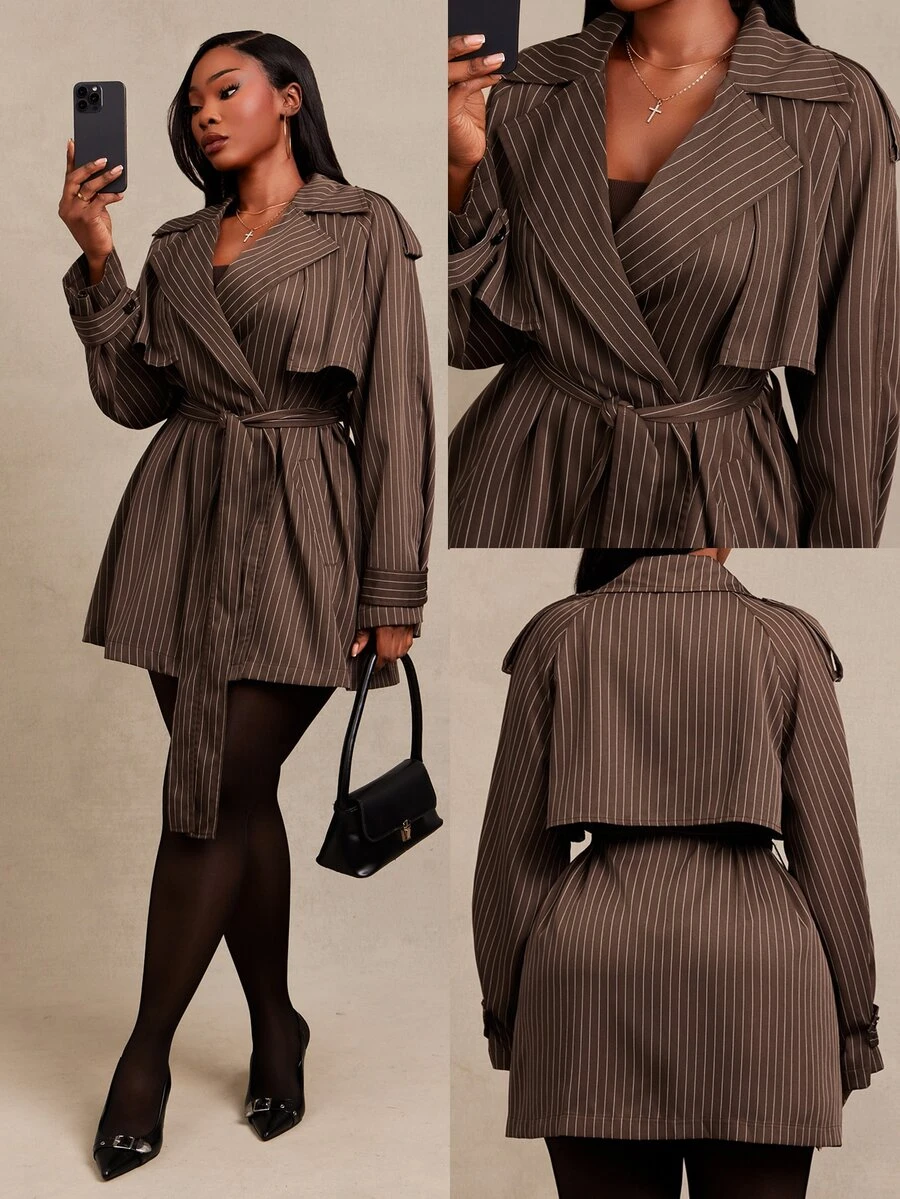 SHEIN SXY جاكيت ملابس الشارع مقاس كبير مخطط مع جيب وأكمام طويلة - بني - مشاهدة 1