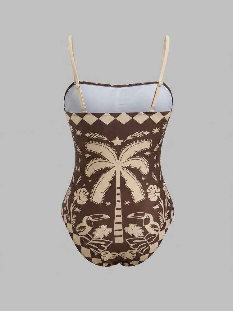 Swim Oasis Women's Tropical Plant Print One-Piece Swimsuit With Casual Shorts - Brown - View 5
