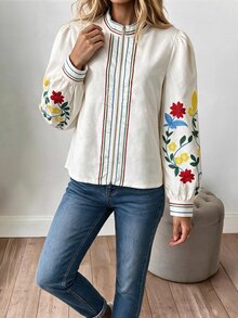 Louniche Women's Floral Embroidered Zipper Front Casual Jacket - Blue - View 6