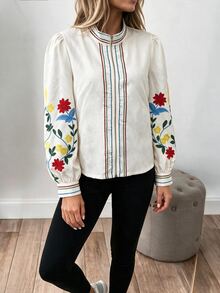 Louniche Women's Floral Embroidered Zipper Front Casual Jacket - Blue - View 4