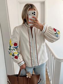 Louniche Women's Floral Embroidered Zipper Front Casual Jacket - Blue - View 5