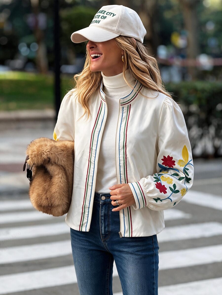 Louniche Women's Floral Embroidered Zipper Front Casual Jacket - Blue - View 1