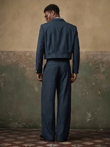 CalleClaro 男士梭织休闲宽松长袖外套和直筒裤燕尾服套装（2件套） - 藏蓝色 - 查看 3