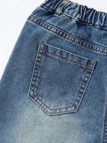 SHEIN ChillGRL Denimly Tween Girl 复古时尚街头风格松紧腰纽扣前拉链黑色蝴蝶结装饰爱心贴片刺绣牛仔裤，加大码 - 深色水洗藍 - 查看 7