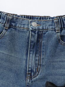 SHEIN ChillGRL Denimly Tween Girl 复古时尚街头风格松紧腰纽扣前拉链黑色蝴蝶结装饰爱心贴片刺绣牛仔裤，加大码 - 深色水洗藍 - 查看 5