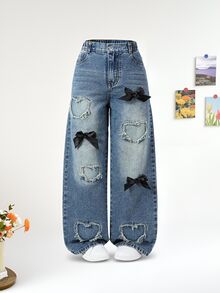 SHEIN ChillGRL Denimly Tween Girl 复古时尚街头风格松紧腰纽扣前拉链黑色蝴蝶结装饰爱心贴片刺绣牛仔裤，加大码 - 深色水洗藍 - 查看 3