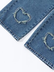 SHEIN ChillGRL Denimly Tween Girl 复古时尚街头风格松紧腰纽扣前拉链黑色蝴蝶结装饰爱心贴片刺绣牛仔裤，加大码 - 深色水洗藍 - 查看 6