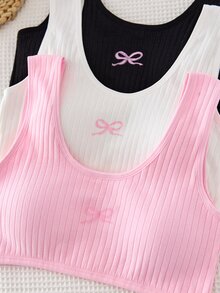 3 Pieces Teen Girls Wireless Training Bras, Baby Pink Ribbed Knit Bralettes With Bow Detail Cycling Summer, Comfortable Round Neck Black White - Multicolor - View 5