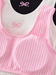3 Pieces Teen Girls Wireless Training Bras, Baby Pink Ribbed Knit Bralettes With Bow Detail Cycling Summer, Comfortable Round Neck Black White - Multicolor - View 4