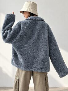SHEIN Cottnline سترة نسائية من فرو الدب تيدي بتصميم عادي وكتف منخفض - رمادي فاتح - مشاهدة 2