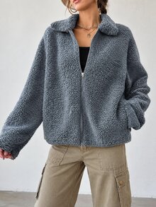 SHEIN Cottnline سترة نسائية من فرو الدب تيدي بتصميم عادي وكتف منخفض - رمادي فاتح - مشاهدة 5