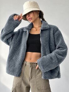 SHEIN Cottnline سترة نسائية من فرو الدب تيدي بتصميم عادي وكتف منخفض - رمادي فاتح - مشاهدة 4