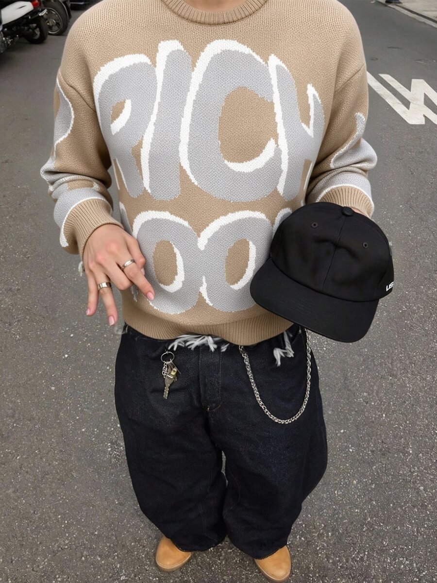 Manfinity EMRG Men's Jacquard Fashion Crew Neck Long Sleeve Sweater Vintage Streetwear Versatile Beige Goth School Teacher Autumn - Camel - View 1