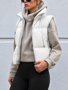 EURMUSE Zip Up Drawstring Vest Padded Coat - White - View 5