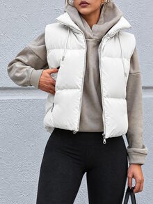 EURMUSE Zip Up Drawstring Vest Padded Coat - White - View 4