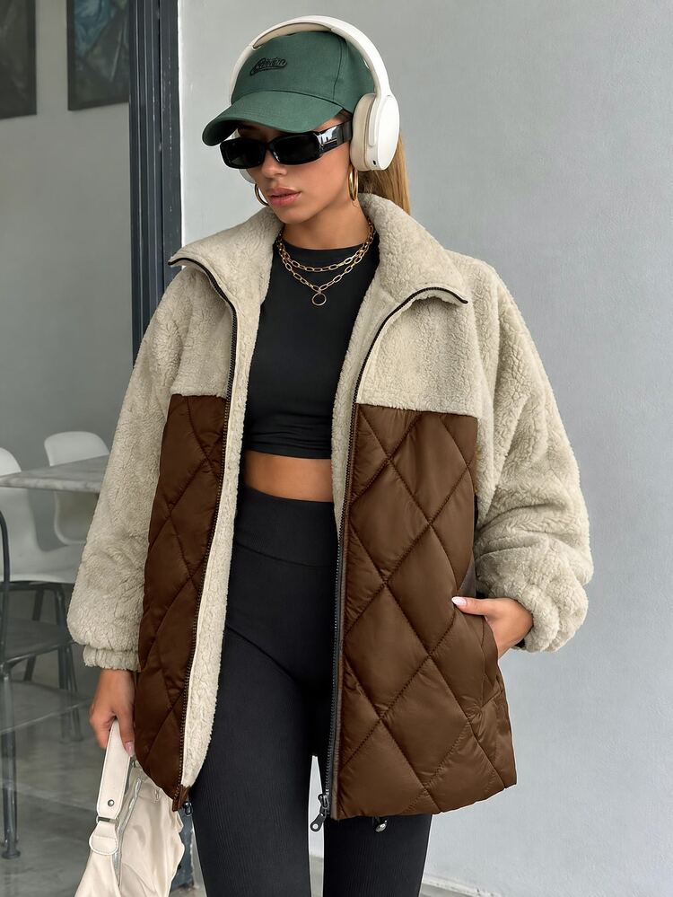 EURMUSE Women Padded Coat With Teddy Bear Fabric Patchwork Diamond Shape Stitch Line Everyday Club Shades Of Brown Winter Casual Streetwear - Coffee Brown - View 1