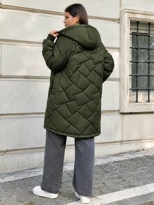 SHEIN Cottnline Women's Plus Size Winter Zip Up Quilted Hooded Coat - Khaki - View 3