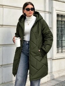 SHEIN Cottnline Women's Plus Size Winter Zip Up Quilted Hooded Coat - Khaki - View 4