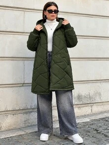 SHEIN Cottnline Women's Plus Size Winter Zip Up Quilted Hooded Coat - Khaki - View 7