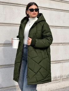 SHEIN Cottnline Women's Plus Size Winter Zip Up Quilted Hooded Coat - Khaki - View 2