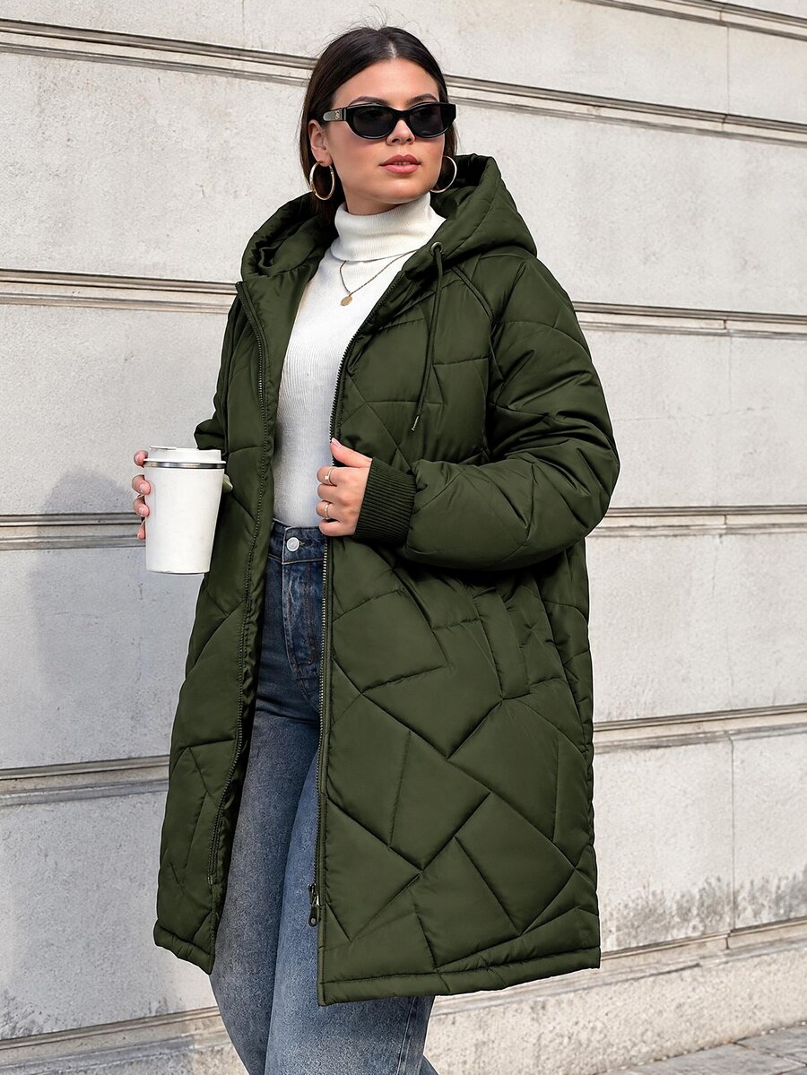 SHEIN Cottnline Women's Plus Size Winter Zip Up Quilted Hooded Coat