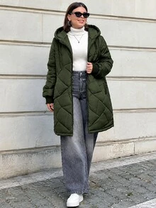 SHEIN Cottnline Women's Plus Size Winter Zip Up Quilted Hooded Coat - Khaki - View 6