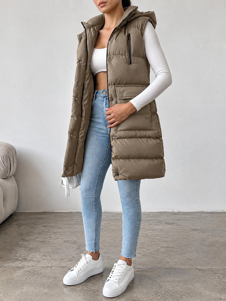 EURMUSE Women's Zip-Up Pocket Hooded Long Sleeve Padded Coat Everyday Travel Taupe Autumn Casual - Apricot - View 6
