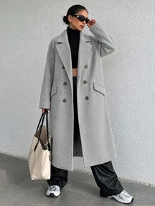 EURMUSE Ladies' Lapel Collar Double-Breasted Woolen Coat - Light Grey - View 2