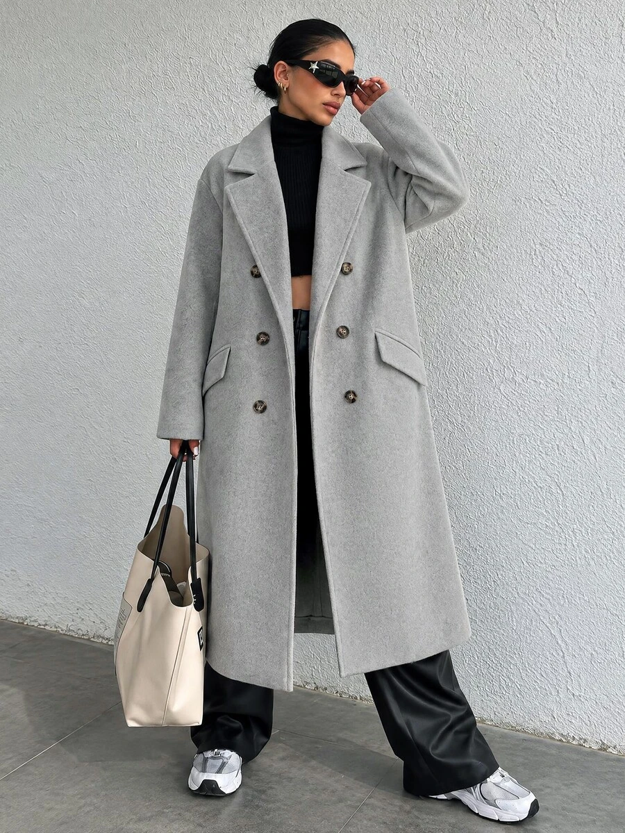 EURMUSE Ladies' Lapel Collar Double-Breasted Woolen Coat