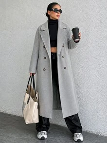 EURMUSE Ladies' Lapel Collar Double-Breasted Woolen Coat - Light Grey - View 4