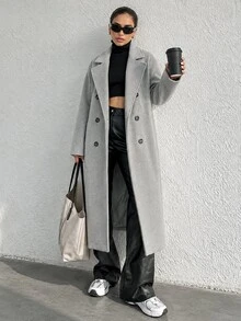 EURMUSE Ladies' Lapel Collar Double-Breasted Woolen Coat - Light Grey - View 6